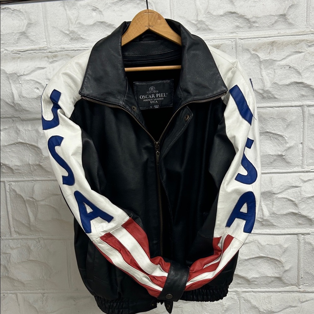 Vintage Oscar Piel American flag leather bomber jacket